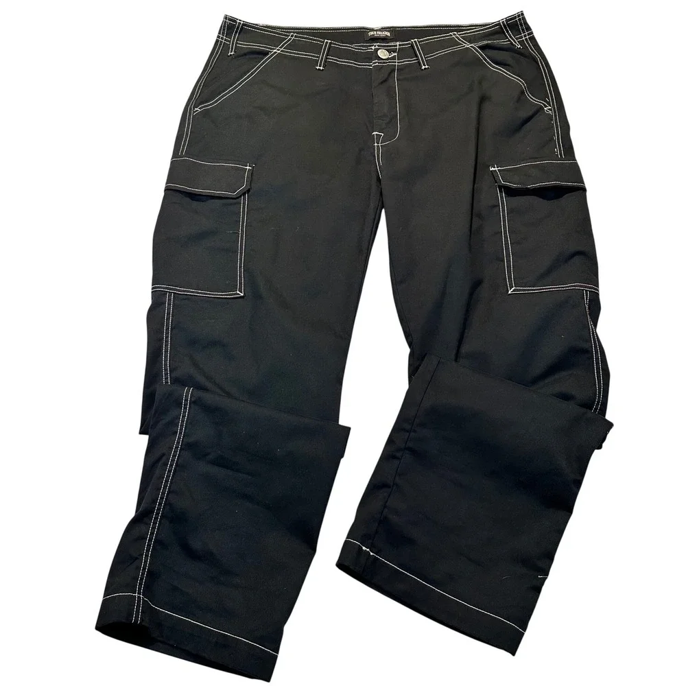 True Religion Cargo Pants Mens 38 Black Contrast Stitch Y2K Streetwear‎ Utility